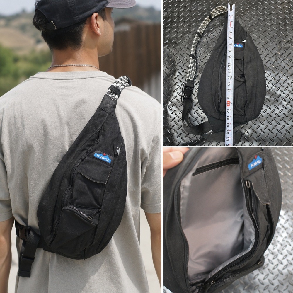 KAVU Rope Bag Black Cotton Canvas Sling Crossbody Backpack Patterned Strap